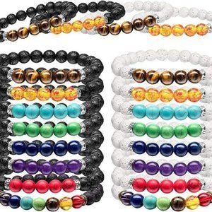 New 16 Pieces Men Women 8mm Lava Rock Bracelets 7 Chakra Aromatherapy Es…